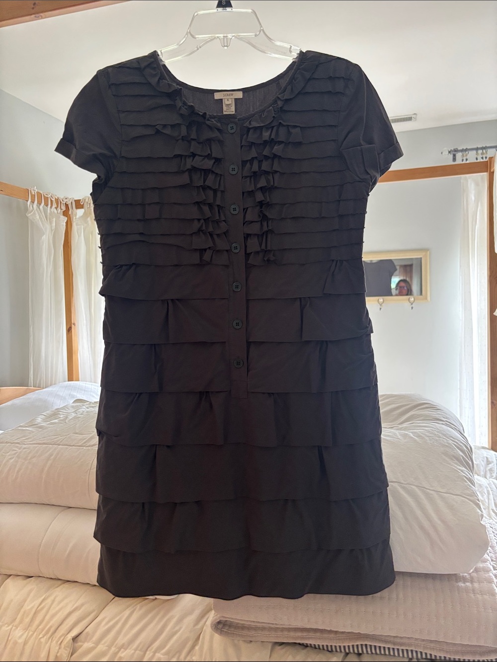 J. Crew Dark Grey Ruffle-Tiered Button Mini Dress